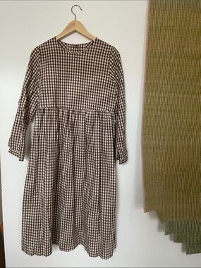 OLIVE CLOTHING Brown Gingham Maxi Dress with Gathered Waist